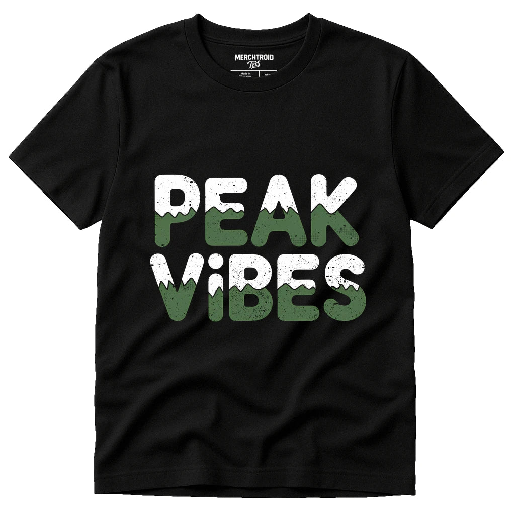 Black National Park Tee Shirts - "Peak Vibes" graphic tee with green print, flat lay product photo