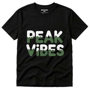 Black National Park Tee Shirts - "Peak Vibes" graphic tee with green print, flat lay product photo
