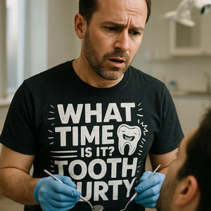 "What Time Is It? Tooth-Hurty" black dentist shirts - also a novelty socks for dentists