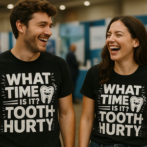 Person wearing the black dentist shirts graphic tee - "What Time Is It? Tooth-Hurty" design