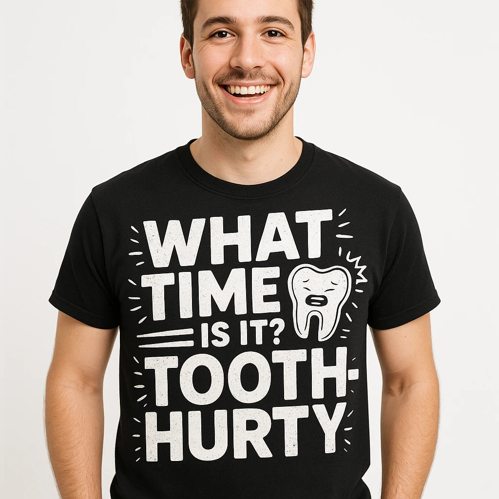 Close-up of the "What Time Is It? Tooth-Hurty" white print on a premium Bella+Canvas black dentist shirts