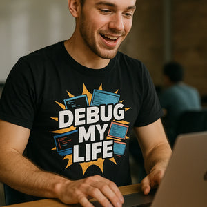 "Debug My Life" black funny programmer t shirt - also one of the best presents for programmers