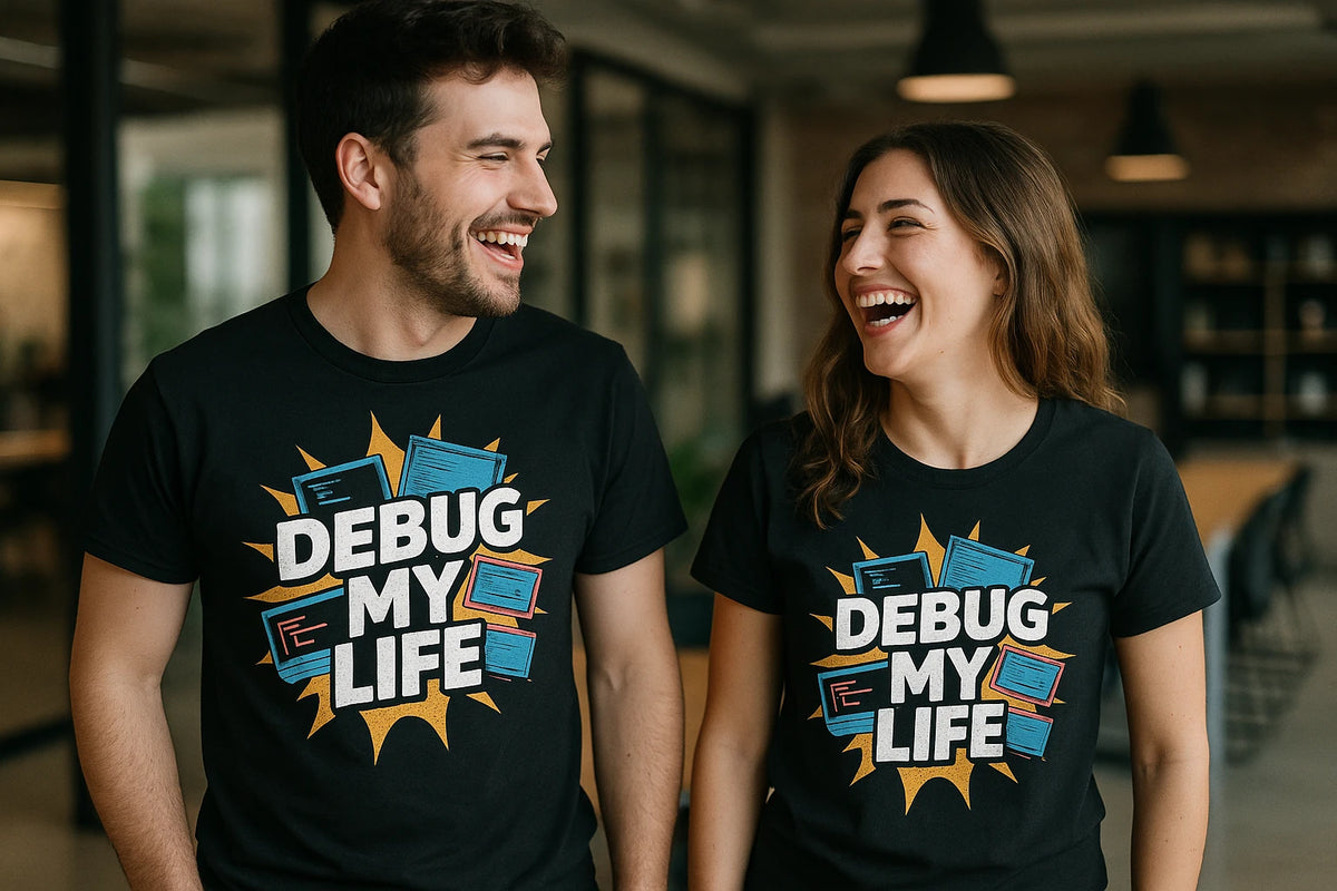 Person wearing the black funny programmer t shirt graphic tee - "Debug My Life" design