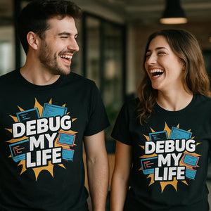Person wearing the black funny programmer t shirt graphic tee - "Debug My Life" design