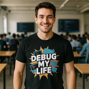 Lifestyle shot of the "Debug My Life" black funny programmer t shirt in a real-world setting