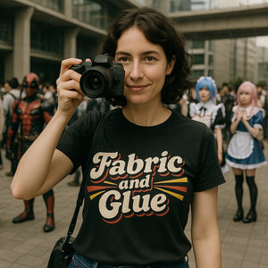 Lifestyle shot of the "Fabric and Glue" black cosplayers t shirt in a real-world setting