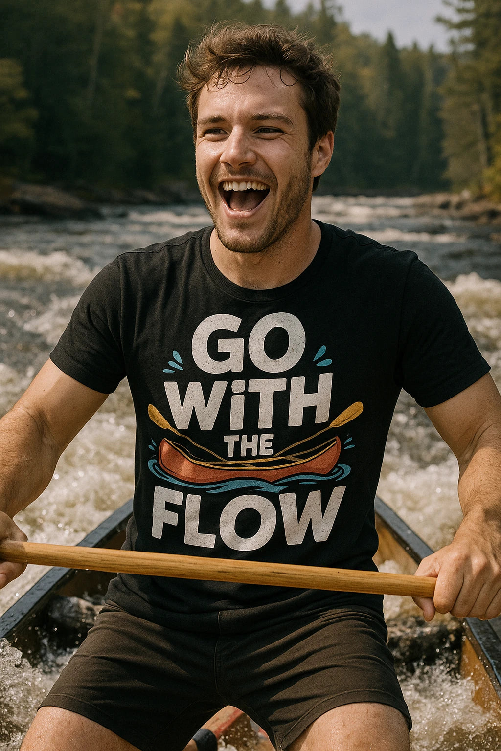 "Go With the Flow" black beaver canoe t shirt - a birthday gift for canoeing lover