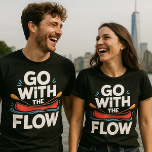Person wearing the black beaver canoe t shirt graphic tee - "Go With the Flow" design