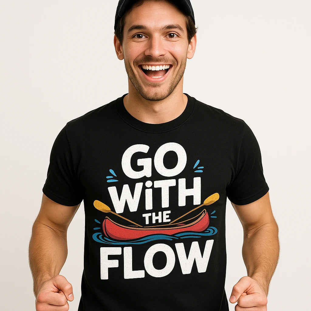 Close-up of the "Go With the Flow" white print on a premium Bella+Canvas black beaver canoe t shirt