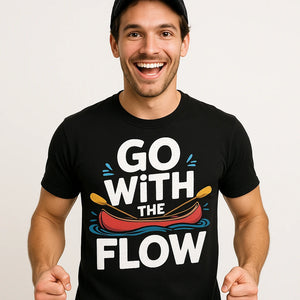 Close-up of the "Go With the Flow" white print on a premium Bella+Canvas black beaver canoe t shirt