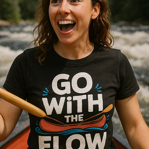 "Go With the Flow" black beaver canoe t shirt, photographed as canoeing lover gift