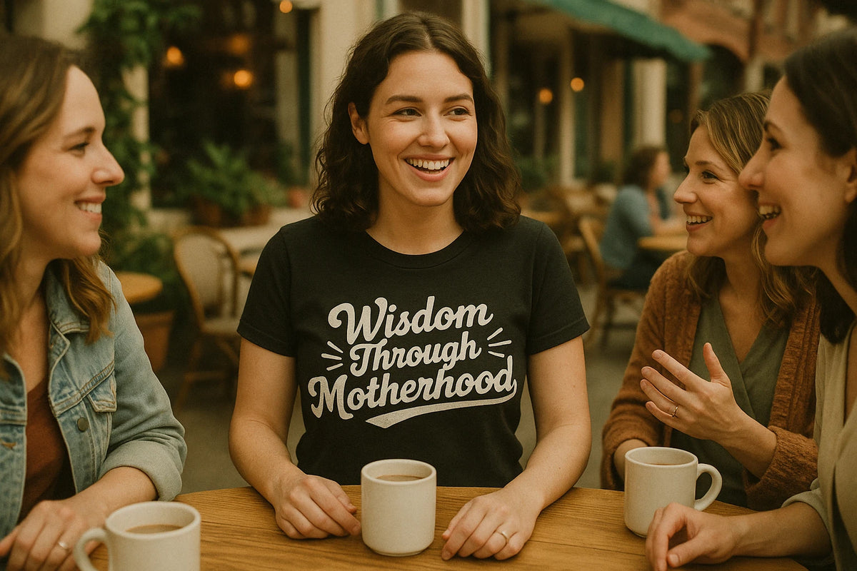 Lifestyle shot of the "Wisdom Through Motherhood" black mama life t shirt in a real-world setting