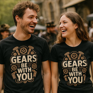 Person wearing the black steampunk shirts graphic tee - "Gears Be With You" design