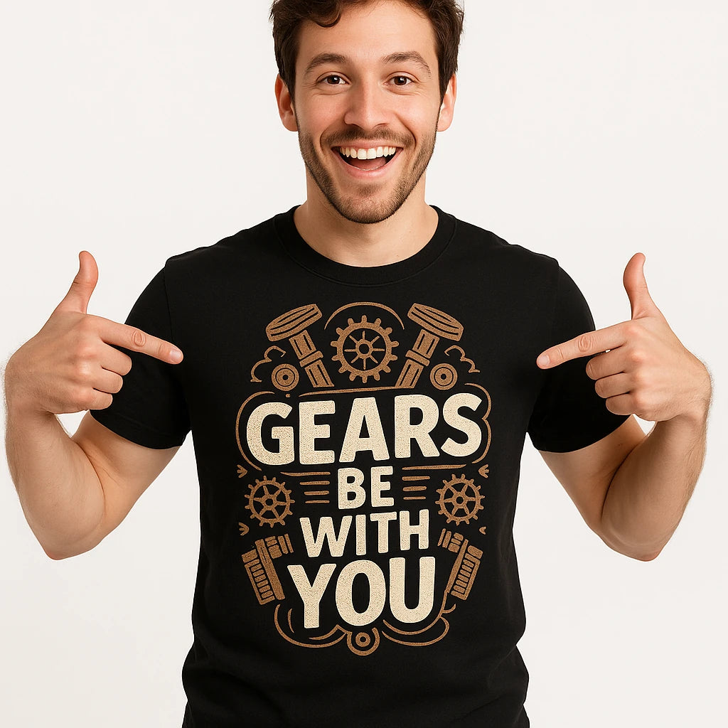 Close-up of the "Gears Be With You" beige print on a premium Bella+Canvas black steampunk shirts