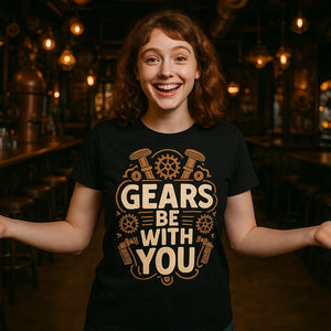 Lifestyle shot of the "Gears Be With You" black steampunk shirts in a real-world setting