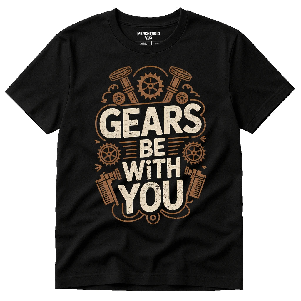 Black Steampunk Shirts - "Gears Be With You" graphic tee with beige print, flat lay product photo