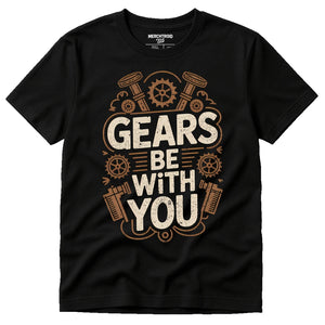 Black Steampunk Shirts - "Gears Be With You" graphic tee with beige print, flat lay product photo