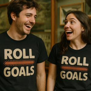 Person wearing the black millipede t shirt graphic tee - "Roll Goals" design