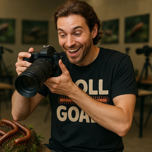 Lifestyle shot of the "Roll Goals" black millipede t shirt in a real-world setting
