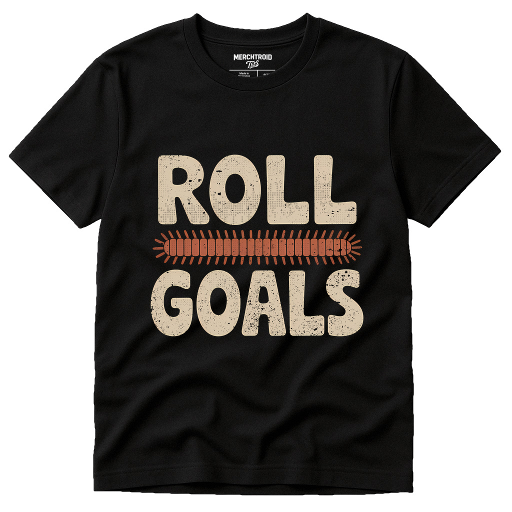 Black Millipede T Shirt - "Roll Goals" graphic tee with beige print, flat lay product photo