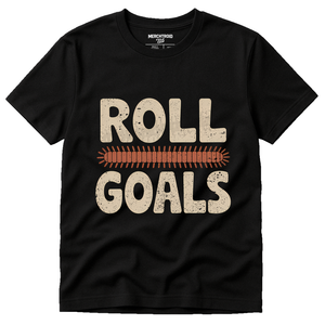 Black Millipede T Shirt - "Roll Goals" graphic tee with beige print, flat lay product photo