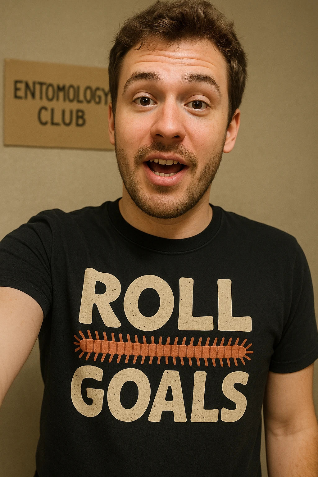"Roll Goals" black millipede t shirt, photographed as millipede lover gift