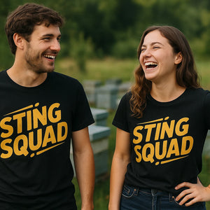 Person wearing the black hornet shirts graphic tee - "Sting Squad" design