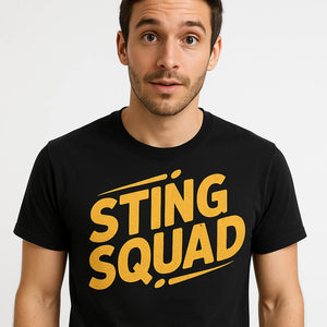 Close-up of the "Sting Squad" yellow print on a premium Bella+Canvas black hornet shirts