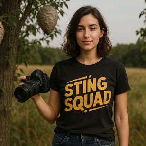 Lifestyle shot of the "Sting Squad" black hornet shirts in a real-world setting