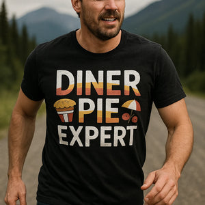 "Diner Pie Expert" black road trip tee shirts, photographed as gifts for road trip lovers