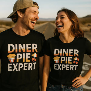 Person wearing the black road trip tee shirts graphic tee - "Diner Pie Expert" design