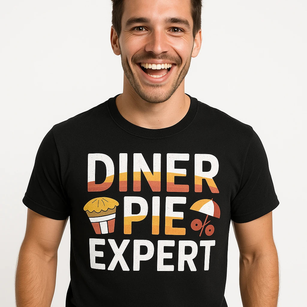Close-up of the "Diner Pie Expert" white print on a premium Bella+Canvas black road trip tee shirts