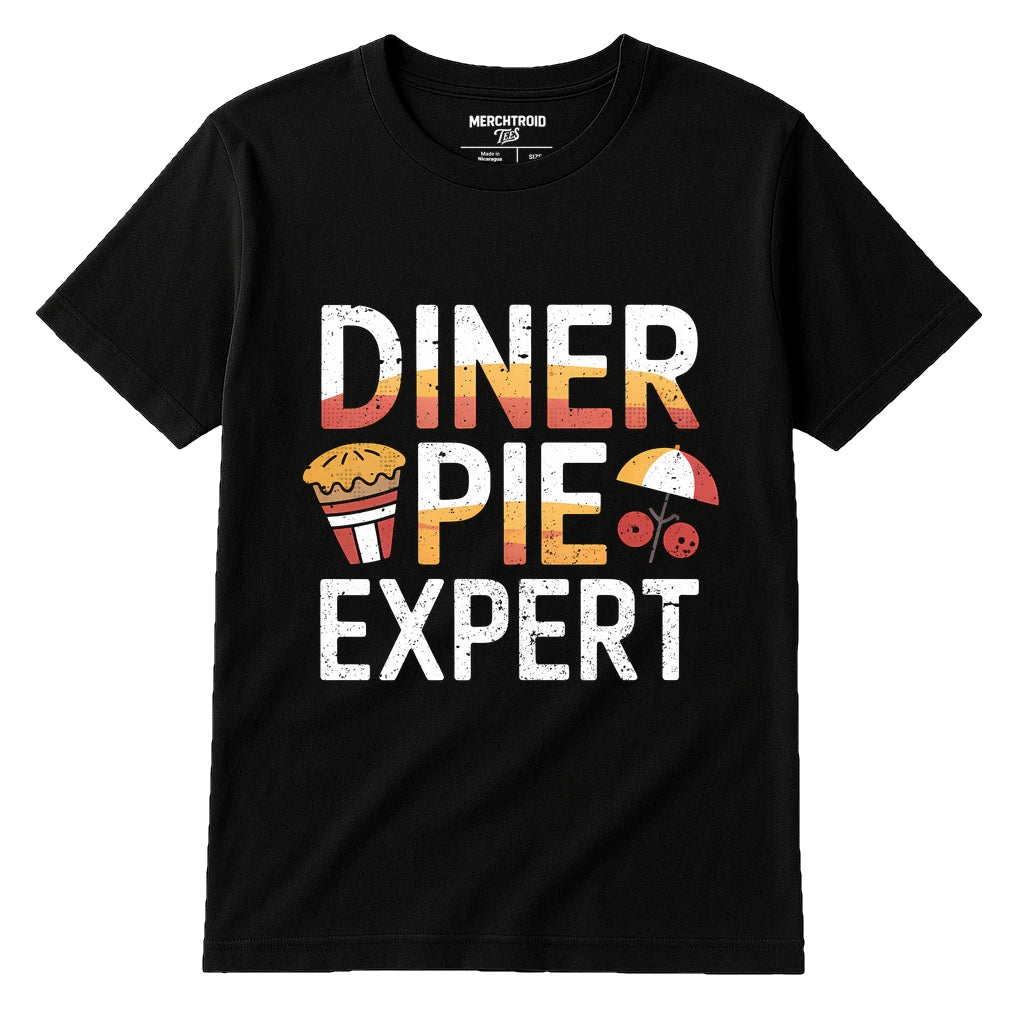Black Road Trip Tee Shirts - "Diner Pie Expert" graphic tee with white print, flat lay product photo