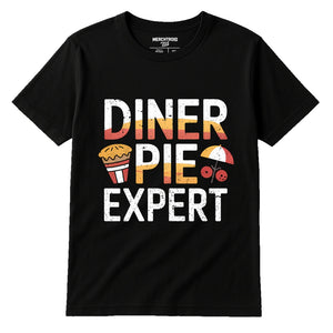Black Road Trip Tee Shirts - "Diner Pie Expert" graphic tee with white print, flat lay product photo