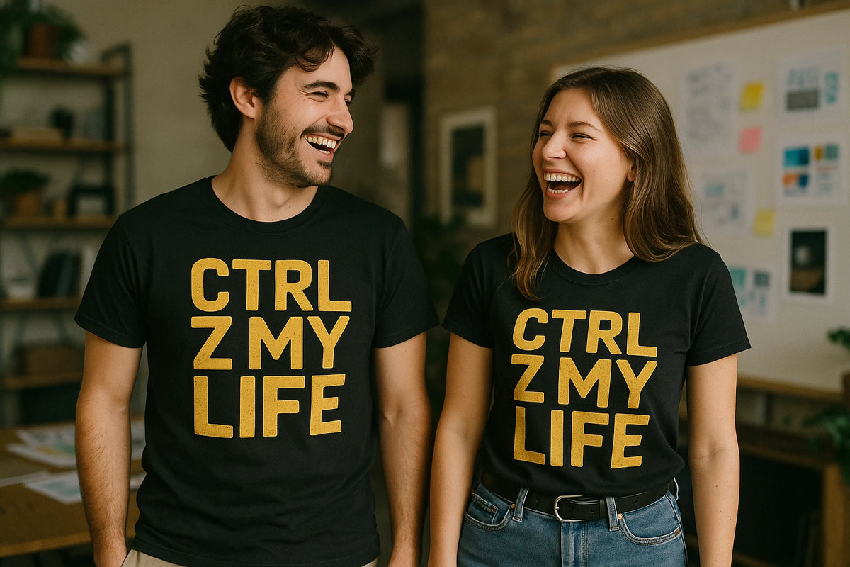 Person wearing the black graphic tee designer graphic tee - "Ctrl Z My Life" design