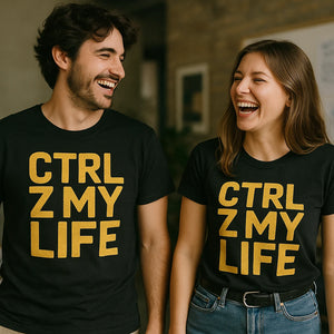 Person wearing the black graphic tee designer graphic tee - "Ctrl Z My Life" design