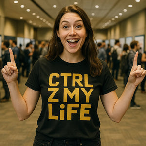 Lifestyle shot of the "Ctrl Z My Life" black graphic tee designer in a real-world setting