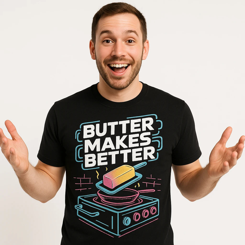 Close-up of the "Butter Makes Better" gray print on a premium Bella+Canvas black cook out t shirt