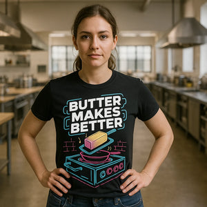 Lifestyle shot of the "Butter Makes Better" black cook out t shirt in a real-world setting