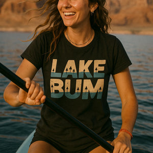 "Lake Bum" black lake t shirt, photographed as best gifts for lake lovers