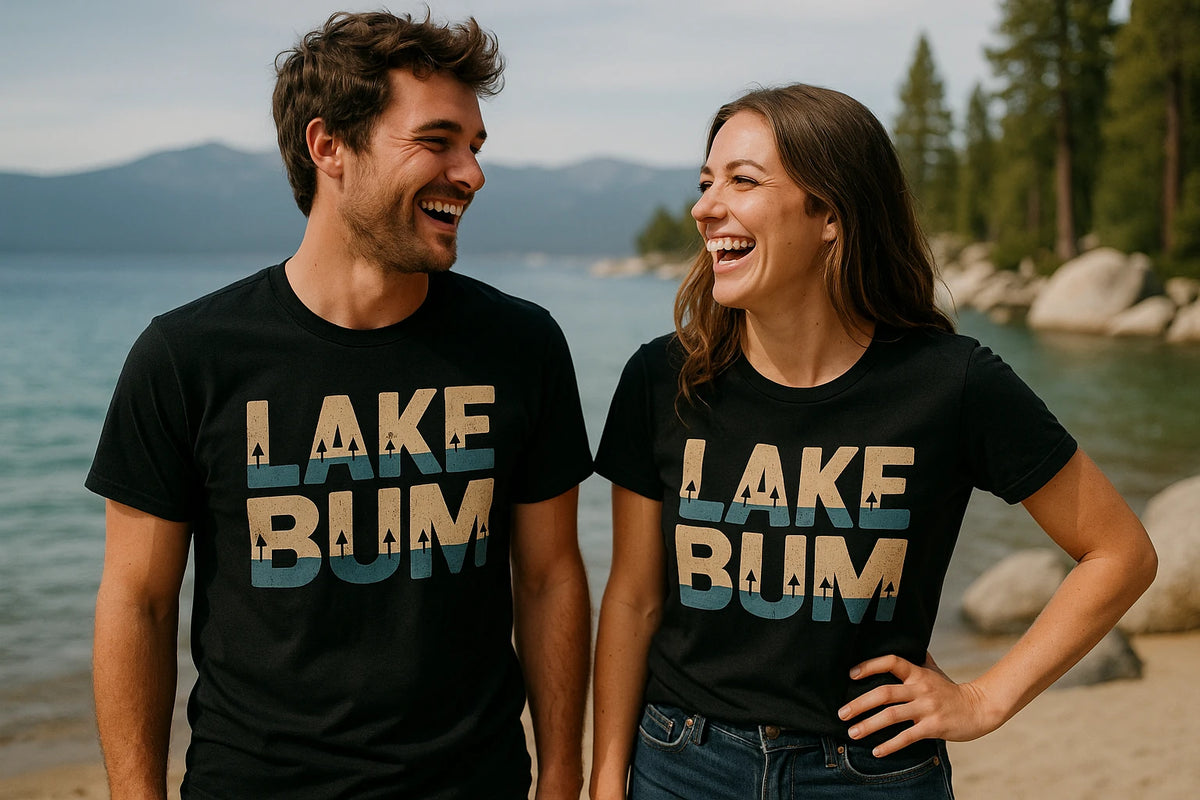 Person wearing the black lake t shirt graphic tee - "Lake Bum" design