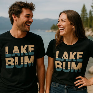 Person wearing the black lake t shirt graphic tee - "Lake Bum" design