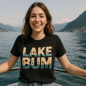 Lifestyle shot of the "Lake Bum" black lake t shirt in a real-world setting