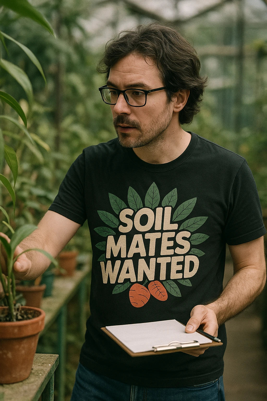 "Soil Mates Wanted" black botany t shirt, photographed as gifts for botany lovers