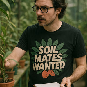 "Soil Mates Wanted" black botany t shirt, photographed as gifts for botany lovers