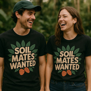 Person wearing the black botany t shirt graphic tee - "Soil Mates Wanted" design