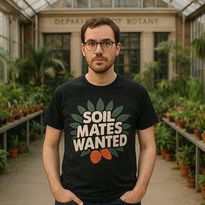 Lifestyle shot of the "Soil Mates Wanted" black botany t shirt in a real-world setting
