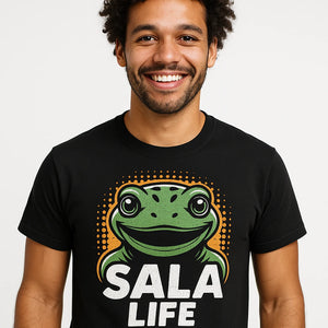 Close-up of the "Sala Life" gold print on a premium Bella+Canvas black salamanders t shirt