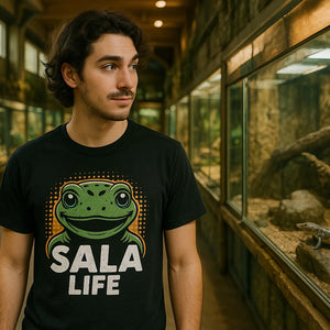 Lifestyle shot of the "Sala Life" black salamanders t shirt in a real-world setting