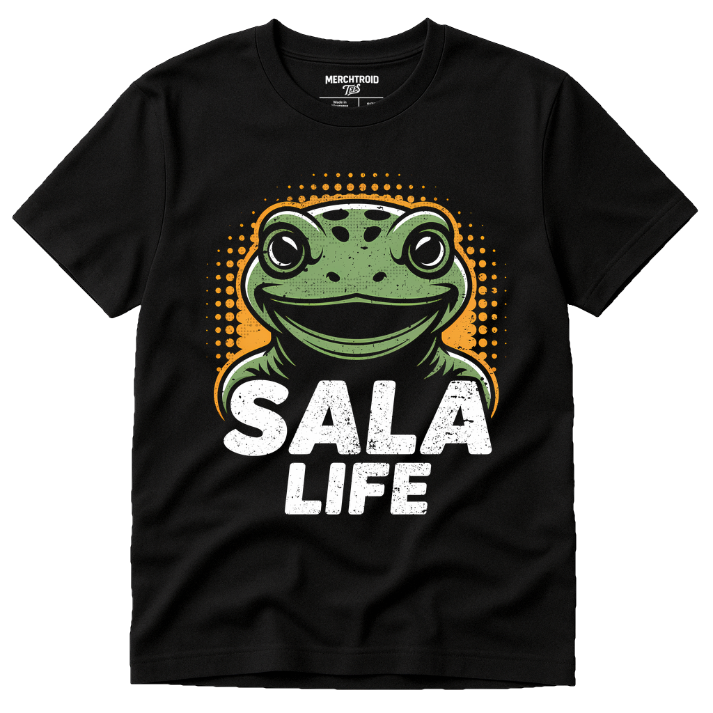 Black Salamanders T Shirt - "Sala Life" graphic tee with gold print, flat lay product photo